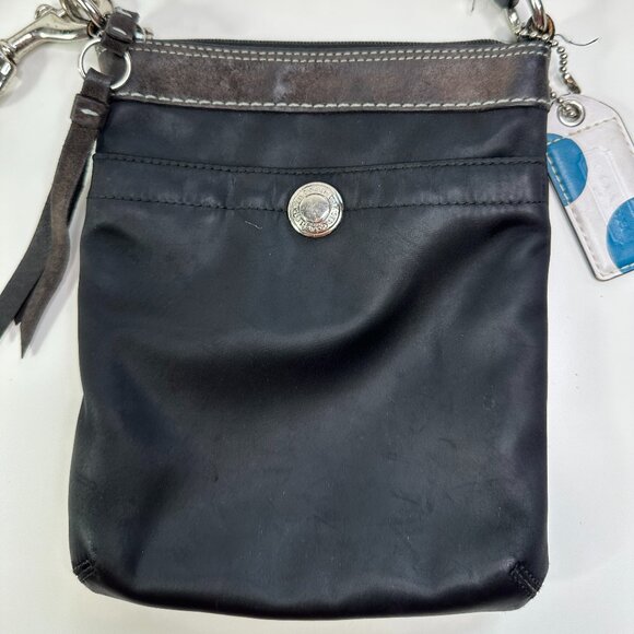 Coach Swing Pack F41184 Crossbody Bag Y2K Black Satin Suede Trim Messenger - Picture 1 of 13